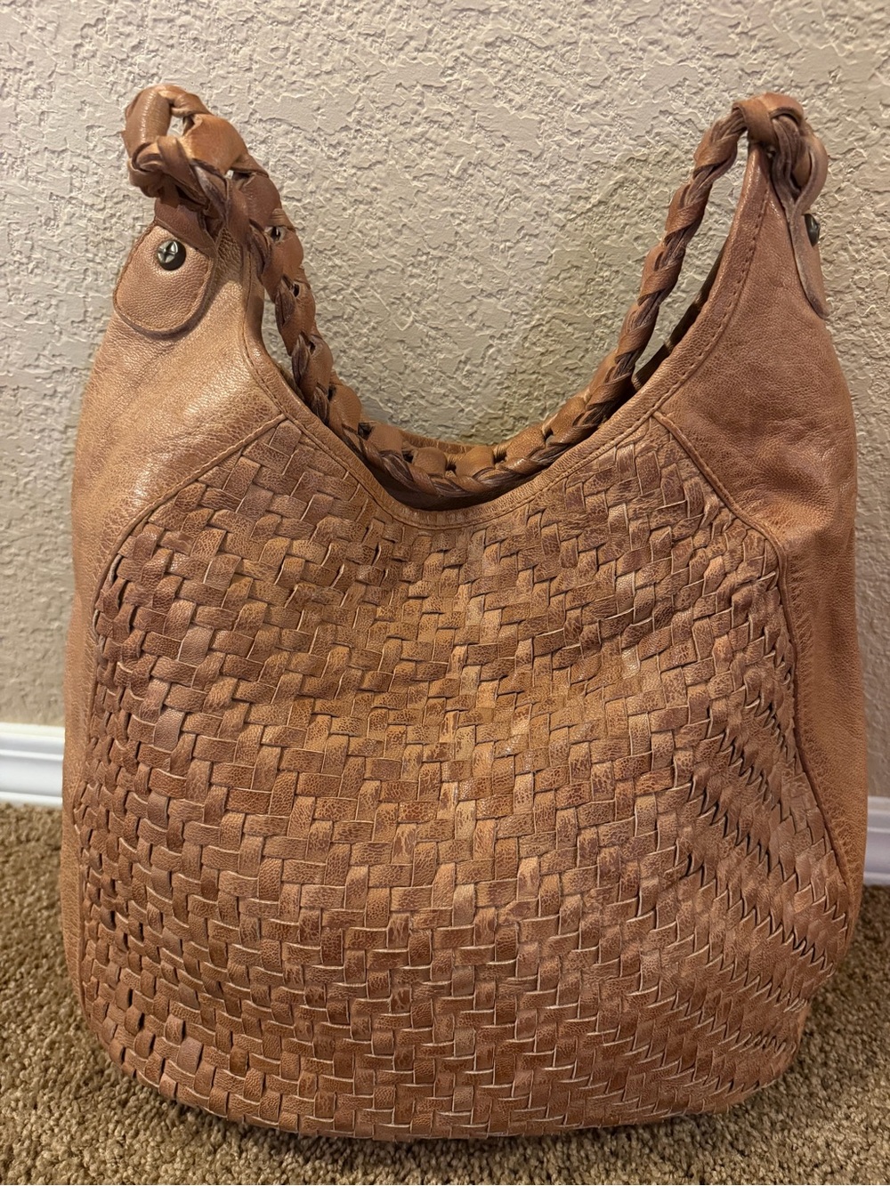 Woven Leather Hobo Bag in Tan